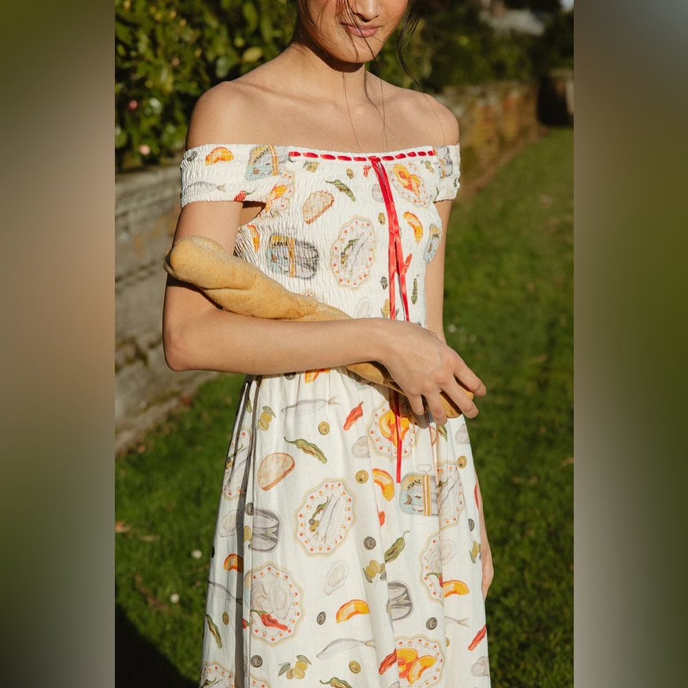 Confête Bailey Rose Off-Shoulder Cottagecore Coquette Food Print Midi Dress